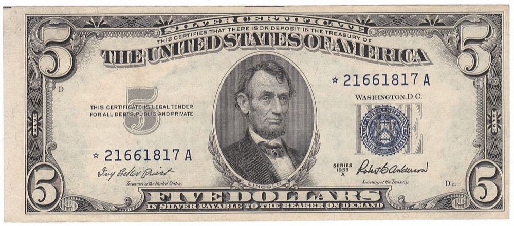 Cara Mengenali Silver Certificate $5 Seri 1953 (1953 sampai 1953B)